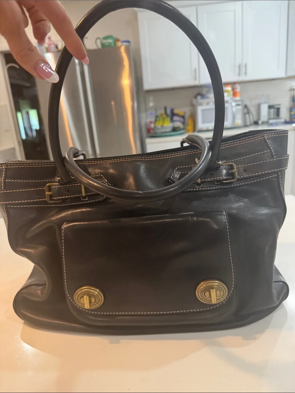 Marc Jacobs Black Leather Top-Handle Tote with Gold Hardware